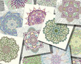 May include: A collection of square cards featuring intricate mandala designs in various colors. The cards showcase floral and geometric patterns in shades of blue, purple, green, and yellow, creating a visually appealing arrangement.