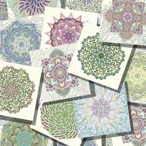 May include: A collection of square cards featuring intricate mandala designs in various colors. The cards showcase floral and geometric patterns in shades of blue, purple, green, and yellow, creating a visually appealing arrangement.