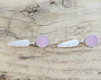 Earrings as plugs pink opal with mother of pearl pendulum with 925 silver sterling silver as a gift