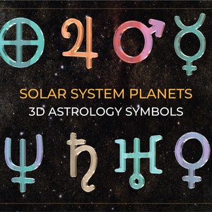 Puede incluir: Símbolos astrológicos 3D de los planetas de nuestro sistema solar. Los símbolos están representados en 3D con un brillo metálico y se colocan sobre un fondo negro con estrellas blancas. Los símbolos son: Sol, Luna, Mercurio, Venus, Marte, Júpiter, Saturno, Urano, Neptuno y Plutón.