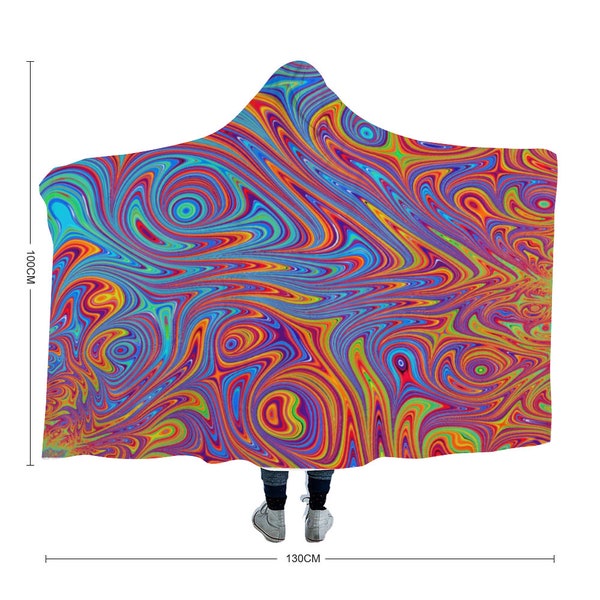 Psychedelic Hooded Cape Cloak - Trippy Pattern, Warm Cozy Oversized Hoodie, Festival Cloak, Colorful Waves Style Hooded Blanket