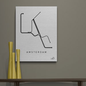 Carte du métro d’Amsterdam comme art industriel minimal sur aluminium brossé pour la décoration de la maison
