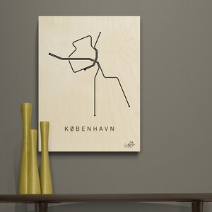 Carte du métro de København (Copenhague) comme art industriel minimal sur bois pour la décoration de la maison