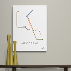 Amsterdamer Metro Karte als minimalistische Linienkunst auf Aluminium Dibond für Wohndekoration