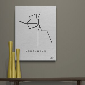 Carte du métro de København (Copenhague) comme art industriel minimal sur aluminium brossé pour la décoration de la maison