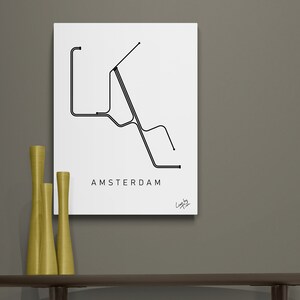 Carte du métro d’Amsterdam comme art de ligne minimal sur dibond en aluminium pour la décoration de la maison