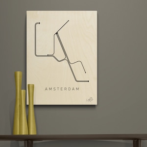 Amsterdamse metrokaart als minimale industriële kunst op hout voor woondecoratie