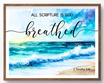 2 Timothy 3:16 All Scripture is God Breathed Mindful Watercolor Seascape Bible Verse Digital Wall Art Serene Ocean Print for Christian Décor