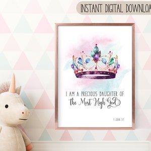 1 John 3:1 Daughter of God Watercolour Princess Crown Digital Printable Bible Verse Wall Art Gift for Christian Girl's Bedroom Wall Décor