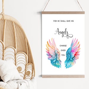 Guardian Angels Psalm 91:11 Scripture Wall Art Digital Printable Gift for Children&#39;s Christian Decor, Teen Girl&#39;s Bedroom Bible Verse Print