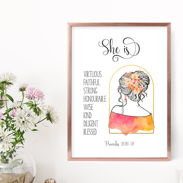 Feminine Floral Watercolour Proverbs 31 Scripture Art Print for Christian Woman, Godly Woman Bible Verse Printable Gift for Mother or Wife