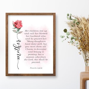 Bloemen moeder bijbelvers digitale print cadeau voor christelijke moeder, spreuken 31:28-30 vrouwelijk schrift citaat afdrukbare muur kunst cadeau voor moeder