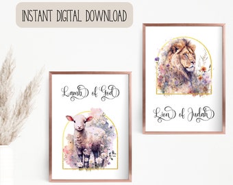 Lion and Lamb Bible Verse Digital Art Printable Christian Home Décor Gift Set of 2 Names of Jesus Scripture Quote Christian Wall Art Gift