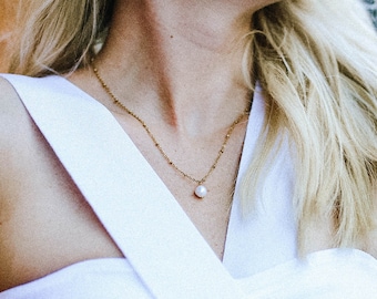 Freshwater Pearl Necklace | Genuine Pearls | 18k Gold Plated Surgical Stainless Steel | Hypoallergenic Dainty Jewelry | Satellite Bead Chain