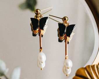 Freshwater Pearl Butterfly Drop Stick Earrings | Genuine Pearls 18k Gold Plated Surgical Stainless Steel | Hypoallergenic Dainty Jewelry