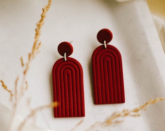 Handmade Arch Polymer Clay Earrings | Hypoallergenic Surgical Steel Bold Statement Jewelry | Maroon Red Terra Cotta Rainbow Big Earrings