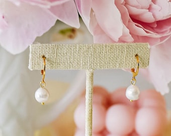 Freshwater Pearl Leverback Hoop Earrings | Genuine Pearls 24k Gold Plated Surgical Stainless Steel | Hypoallergenic Dainty Bridal Jewelry