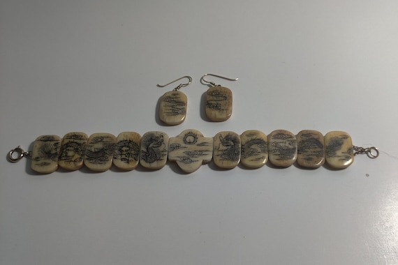 Vintage Japanese Carved Bone Bracelet/Earrings Set - image 1