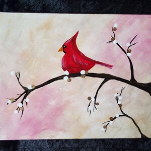 Cardinal Acrylic Painting, Bird in Winter Painting, 16&quot; x 20&quot; Canvas Wall Art