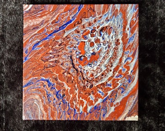 Pour Painting, Acrylic Abstract, Copper, Blue, White, 8" x 8" Canvas, Fluid Art, Wall Art