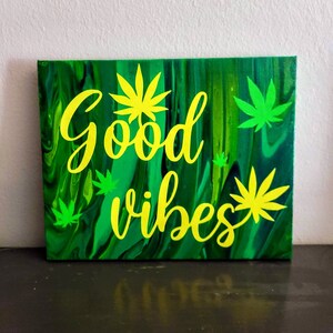 Good Vibes Wall Art | Pour Painting | Acrylic Painting on Canvas 8&quot; x 10&quot; | Green & Yellow | Fluid Art | Stoner Art