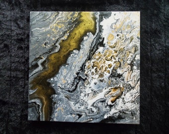 Pour Pintura, Acrílico Abstracto, Negro, Blanco y Oro, Lienzo de 12" x 12", Arte Fluido, Arte de pared