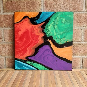Blacklight Pour Painting, Acrylic Abstract , 12" x 12" Canvas, Neon Glow Fluorescent UV Reactive, Psychedelic Wall Art