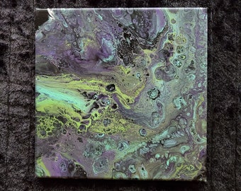 Pour Painting, Acrylic Abstract, Purple, Aqua, Green, 12" x 12" Canvas, Fluid Art, Wall Art