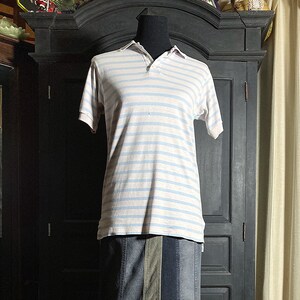 S/ Men’s Vintage Striped Polo Shirt by Lands’ End, Short Sleeve White and Light Blue Cotton Polo T-Shirt with Flaws