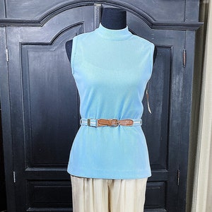 S-M/ Vintage Montgomery Ward Light Blue Mock Neck Sleeveless Tunic Top, Mod Era Ribbed Blouse with Belt Loops, 60’s 70’s NWT