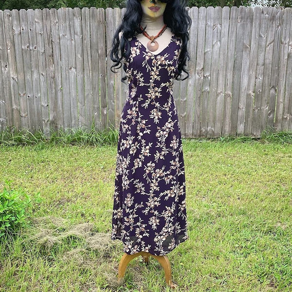 S/ Vintage All That Jazz Indigo Floral Maxi Dress, 90’s Sleeveless Casual Hostess Dress with Flower and Vine Print, Grunge Goddess