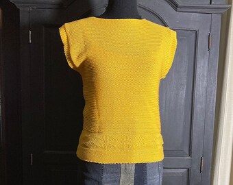 Pull sans manches en maille ample jaune S/vintage, haut/gilet des années 70 en tricot ouvert fabriqué par l'Union, Blake by Devon