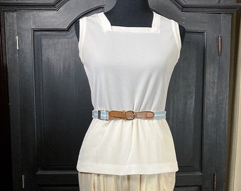 S-M/ Vintage Montgomery Ward Square Neck Tank Top, White Ribbed Sleeveless Blouse/Tunic Top