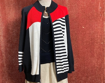 L/ Vintage St. John Color Block Cardigan, 90’s Abstract Monochrome Knit Zip Up Jacket