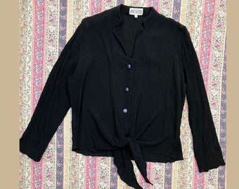 L/ Vintage Jane Suttell Silk Crepe Tie Front Blouse, Black Oversized Button Up Crop Top with Tie Waist