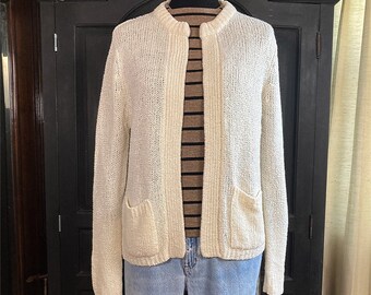 M/ Vintage Cream White Sweater with Pockets, 70’s Loose Knit Open Cardigan by Monarch Knits, Boho/Cottagecore/Granny Chic