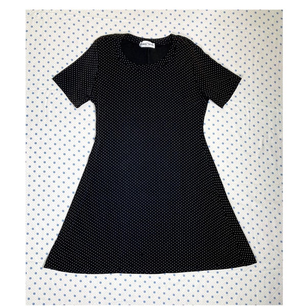 L-XL/ Vintage 90’s Slinky Dress with Polka Dots, Black Mini Dress with Short Sleeves, Grunge/Goth/Alt Girl/Night Out