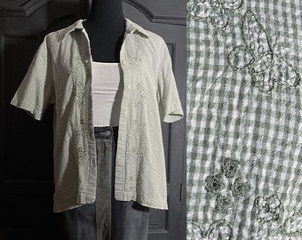 L/ Vintage Green Seersucker Button Up Shirt with Floral Butterfly Details, Gingham Blouse