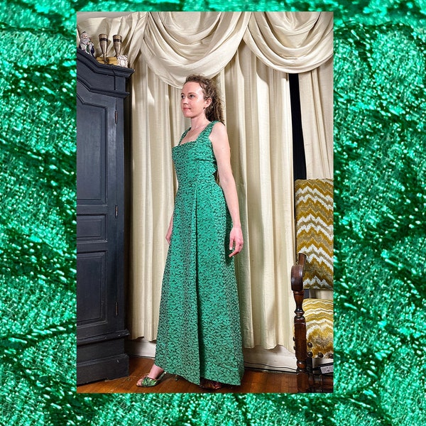 S-M/ Vintage Emerald Green Hostess Dress, 60’s 70’s Floral Metallic Evening Gown for Prom/Holiday/Christmas Dinner Dress