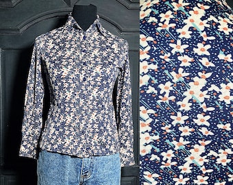 M/ Vintage Dark Blue Floral Disco Shirt, 70’s Flower Print Button Up Top by Dibs of Portland