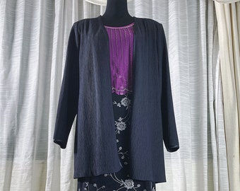 XL/ Vintage Plisse Cardigan, Long Sleeve Open Jacket with Satin Interior, Long Black Dress Jacket