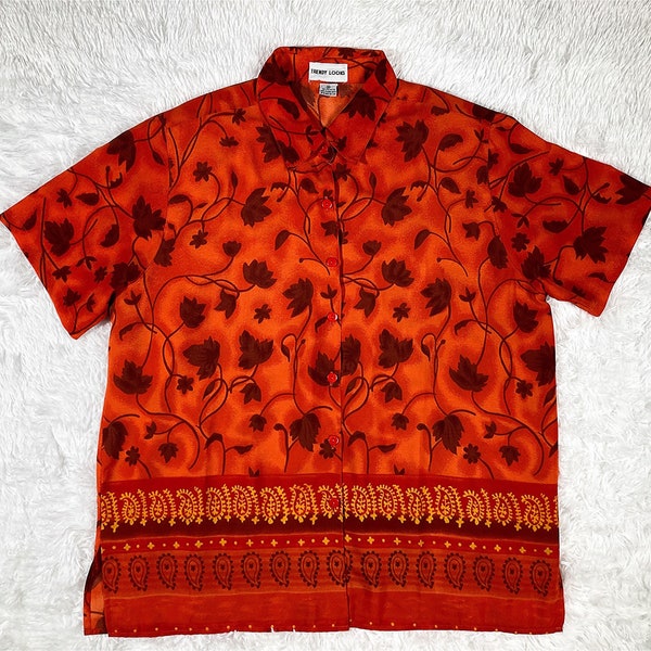 2X/ Vintage Orange Fall Leaves Shirt, Hawaiian Style Fall Shirt with Paisley Print, Leaf Print Button Up Blouse