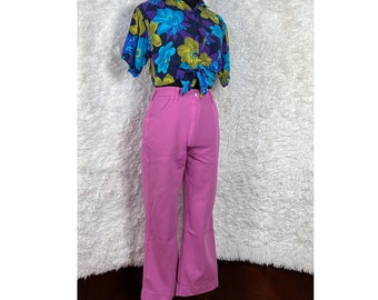 M/ Vintage Pink Flare Pants, 70’s High Rise Fuchsia Stretchy Pants, 30” Waist, 25” Inseam, Preppy/Rave/Disco/Funky