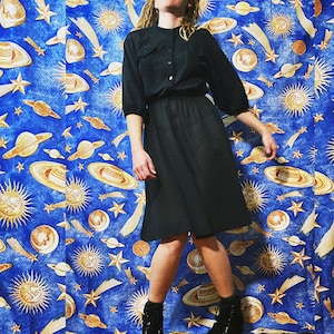 S/ Vintage Sheer Black Dress, 70’s Half Sleeve Midi Dress with Pleated Button Up Top, Gothic/Alternative/Academia