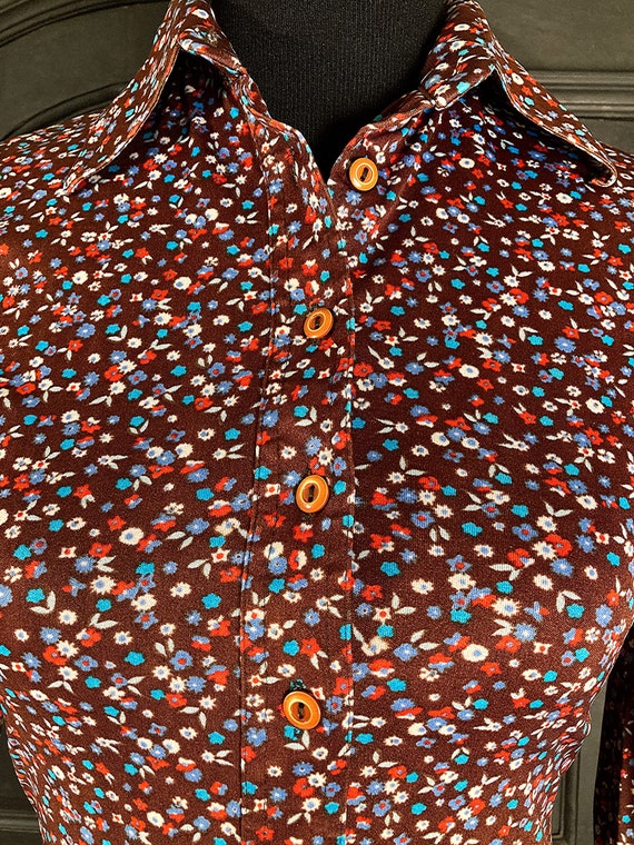 XS/ Vintage Brown Floral Disco Shirt, 70’s Nylon … - image 8