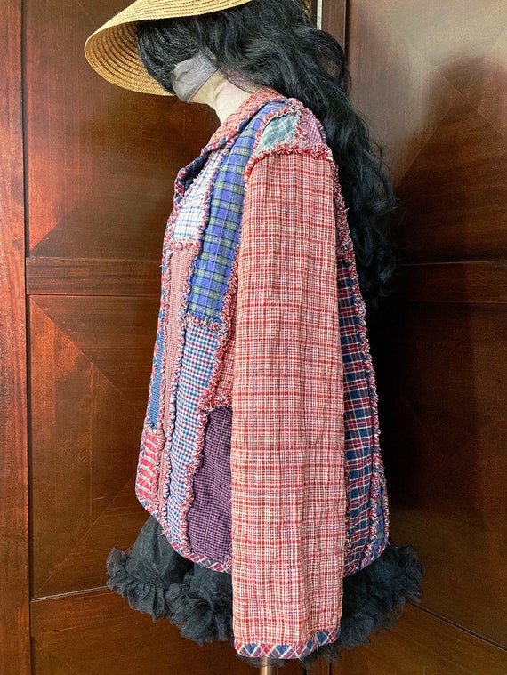 Vintage Patchwork Jacket, Reversible Red Plaid Qu… - image 4