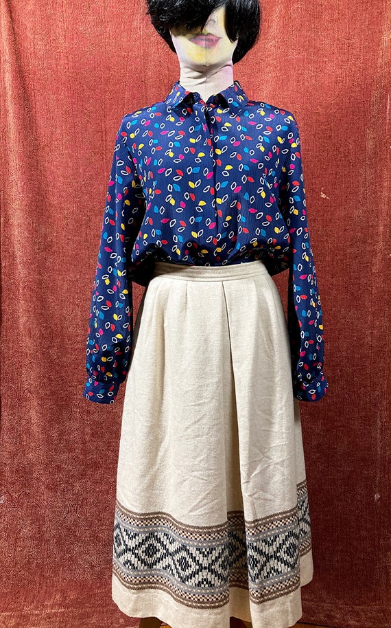 M/ Vintage Holiday Blouse, Blue Crepe Blouse with 