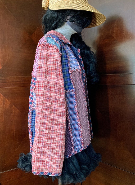 Vintage Patchwork Jacket, Reversible Red Plaid Qu… - image 6