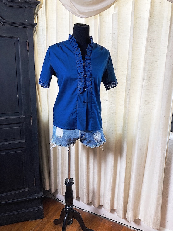 XS-S/ Vintage Blue Ruffle Lace Blouse, 70’s Short… - image 1