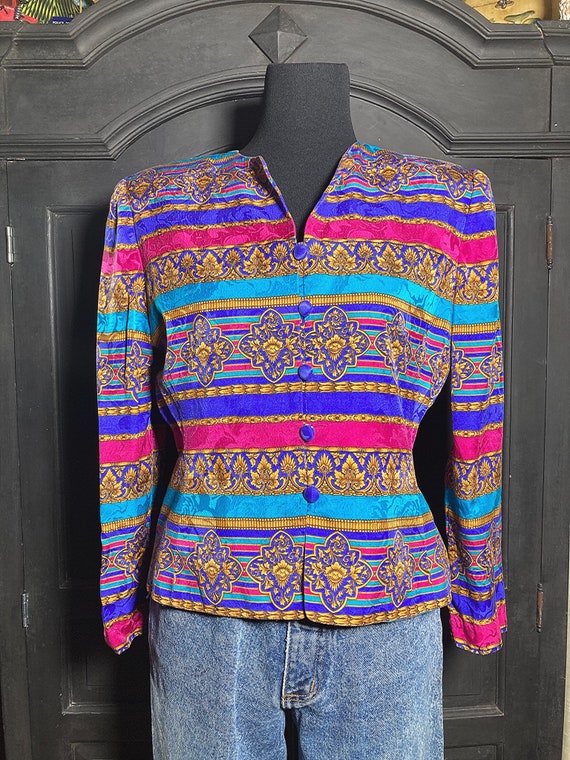 M/ Vintage Colorful Baroque Silk Jacket, 80's Gol… - image 2